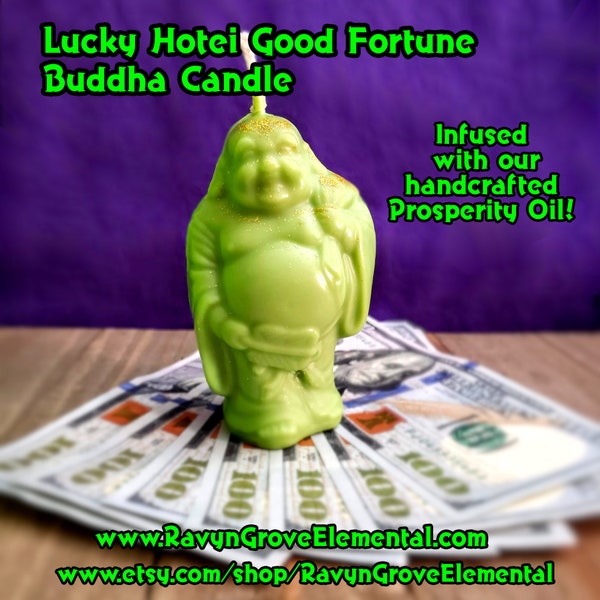 Lucky Hotei Good Fortune Buddha Prosperity Candle infused with our handcrafted Prosperity Oil!