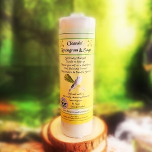 Cleansing Lemongrass Sage Pillar Candle infused with  Lemongrass Sage Oils - Aura and Space Clearing, Cut n Clear Spell Intention Candle