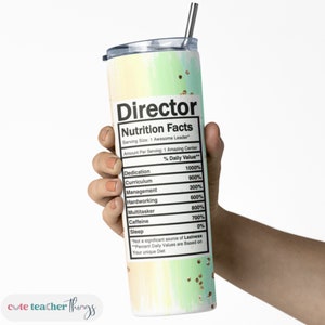 Op de afbeelding: Een witte tumbler met een kleurrijk ombre-ontwerp in tinten geel, groen en blauw. De tumbler heeft een zwart-wit label met de tekst "Director Nutrition Facts" met een lijst van eigenschappen en percentages. De tumbler wordt vastgehouden door een hand.