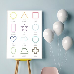 Cartel de formas bilingües en francés inglés, cartel de idioma, arte de guardería, descarga digital, cartel imprimible, cartel de niños, cartel educativo