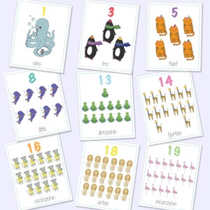 Deutsch Schwedisch Zweisprachige Zahlen Flash Cards 1-20, Lernspiele, Lernspiele, Tierzahlen, Zahlenkarten, digitaler Download