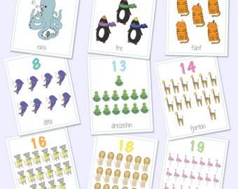 Deutsch Schwedische Tierzahlen Bilder 1-20 (Digitaler Download)