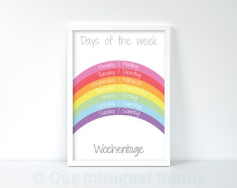 English German Bilingual "Days of the week"  Poster ,Nursery Art, Digital Download,Printable Kids Poster, Rainbow Poster, Educational Poster