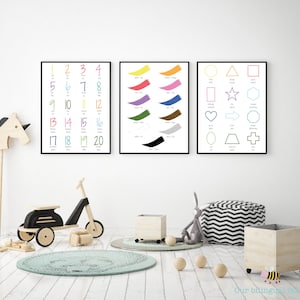 Inglés Sueco Idioma Bilingüe Carteles Set de 3, Números 1-20, Colores y Formas, Arte Infantil, Descarga Digital, Cartel Imprimible