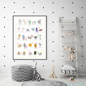 English Spanish Bilingual Alphabet Poster, Nursery Art, Digital Download, ABC, Printable Poster,Kids Poster, Educational Poster,Illustration