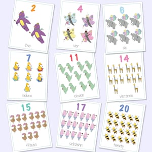 Cartões flash com números bilíngues em inglês e alemão 1-20, jogos para impressão, jogos educativos, números de animais, cartões numéricos, download digital