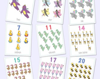 Englisch Deutsch Zweisprachige Tierzahlen Flash Karten 1-20 (Digitaler Download)