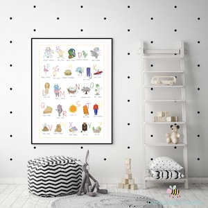 German Spanish Bilingual Alphabet Poster, Nursery Art, Digital Download, ABC, Printable Poster, Kids Poster, Educational Poster,Illustration