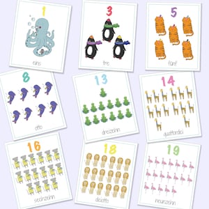 Deutsch Italienisch Zweisprachige Zahlen Flash Cards 1-20, Lernspiele, Lernspiele, Tierzahlen, Zahlenkarten, digitaler Download