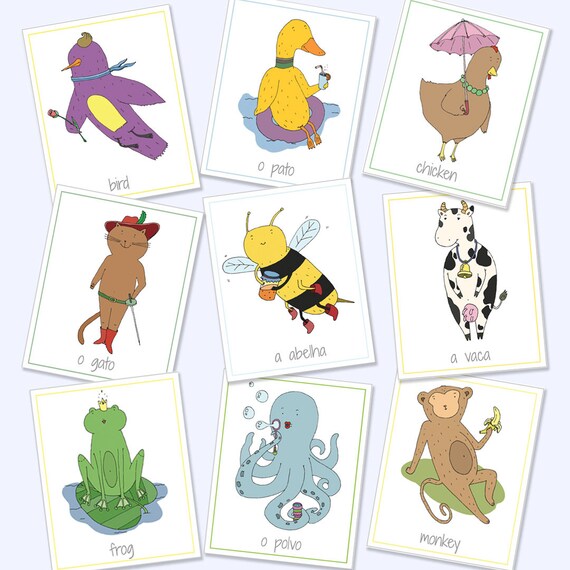 English Portuguese Animal Flash Cards, Bilingual Learning (Digital Download)