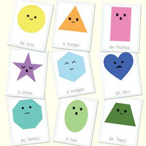 Cartões flash com formatos bilíngues em alemão e espanhol, jogos para impressão, jogos educativos, cartões com formatos, jogos para crianças, jogos de idiomas, download digital