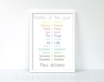 English Italian Bilingual "Months of the year"  Poster ,Nursery Art, Digital Download,Printable Kids Poster, Educational Poster, Colourful