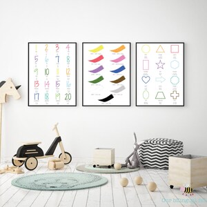 English Chinese Bilingual Language Posters Set of 3, Numbers 1-20, Colours and Shapes, Nursery Art, Digital Download, Printable Poster