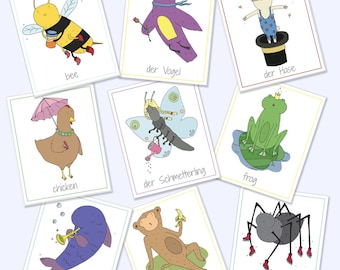 Bilingual Animal Flash Cards, English German, Educational Games (Digital Download)