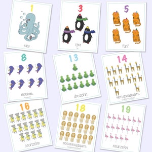 Deutsch Russisch zweisprachige Zahlen Flash Karten 1-20, Druckbare Spiele, Lernspiele, Tierzahlen, Zahlenkarten, digitaler Download