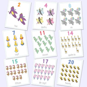 Cartões flash com números bilíngues em inglês e francês 1-20, jogos para impressão, jogos educativos, números de animais, cartões numéricos, download digital