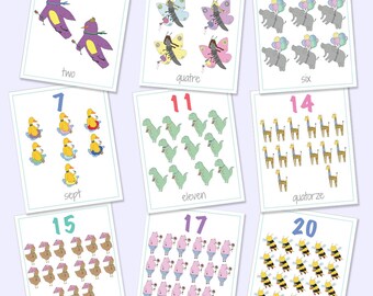 Tarjetas flash de números bilingües en inglés francés 1-20, juegos imprimibles, juegos educativos, números de animales, tarjetas numéricas, descarga digital