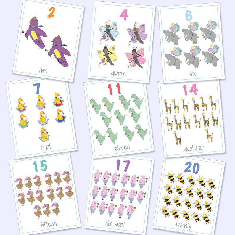 english french bilingual numbers flash cards 1 20 printable etsy