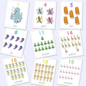 Deutsch-Portugiesisch Zweisprachig Zahlen Flash-Karten 1-20, Lernspiele, Lernspiele, Tierzahlen, Zahlenkarten, digitaler Download