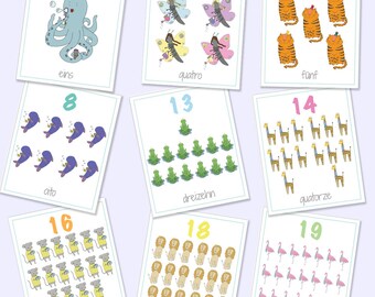 Tarjetas didácticas bilingües de números (alemán, portugués e inglés) con ilustraciones de animales (descarga digital)