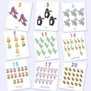 Englisch Italienisch Zweisprachige Zahlen Flash Cards 1-20, druckbare Spiele, Lernspiele, Tierzahlen, Zahlenkarten, digitaler Download