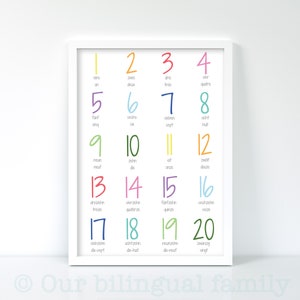 German French Bilingual Number Poster 1 - 20, Nursery Art, Digital Download,Printable Poster, Kids Poster, Educational Poster,Illustration