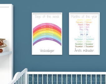 English Swedish Bilingual Language Posters Set of 2, "Days of the week" & "Months of the year" , Nursery Art, Digital Download, Printable