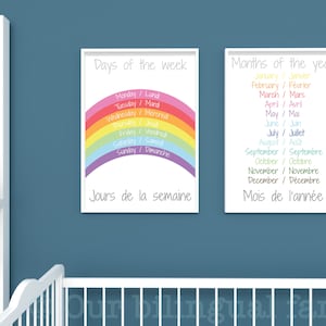 English French Bilingual Language Posters Set of 2, &quot;Days of the week&quot; & &quot;Months of the year&quot; , Nursery Art, Digital Download, Printable