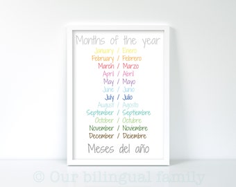 English Spanish Bilingual "Months of the year"  Poster ,Nursery Art, Digital Download,Printable Kids Poster, Educational Poster, Colourful