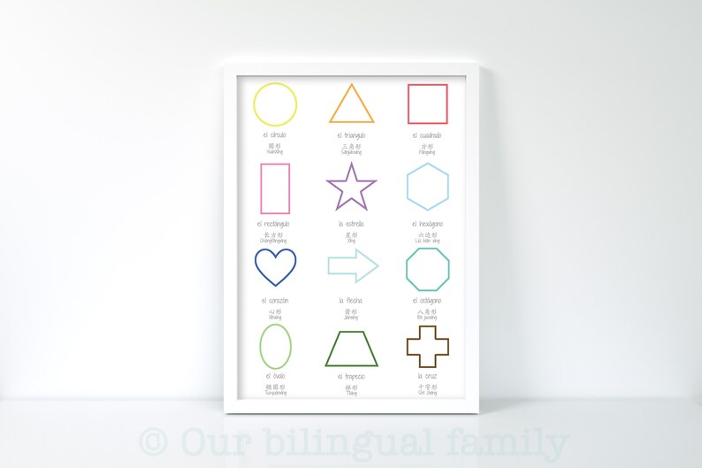 Cartel de formas bilingües chino español, cartel de idioma, arte de guardería, descarga digital, cartel imprimible, cartel de niños, cartel educativo imagen 2