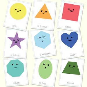 Cartões flash com formatos bilíngues em inglês e espanhol, jogos para impressão, jogos educativos, cartões com formatos, jogos para crianças, jogos de idiomas, download digital