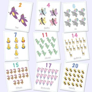 Englisch-Portugiesisch Zweisprachige Zahlen Flash-Karten 1-20, druckbare Spiele, Lernspiele, Tierzahlen, Zahlenkarten, digitaler Download