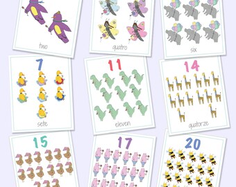 Tarjetas didácticas de animales (números, inglés y portugués) del 1 al 20 (descarga digital)