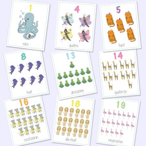 Cartões flash com números bilíngues franceses alemães 1-20, jogos para impressão, jogos educativos, números de animais, cartões numéricos, download digital