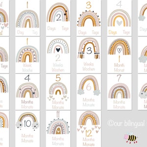 Cartes d'étape bilingues anglais allemand pour bébé / Imprimable en téléchargement numérique / Cadeau de baby shower / Arc-en-ciel / Genre neutre / Unisexe / 4 x 6 pouces