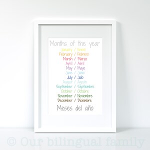 English Spanish Months of the Year Poster, Bilingual Nursery Art ...
