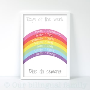 Cartel bilingüe "Días de la semana" en inglés portugués, arte de guardería, descarga digital, cartel infantil imprimible, arco iris, cartel educativo imagen 1