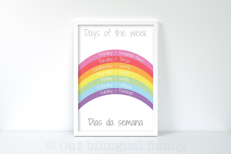 Cartel bilingüe "Días de la semana" en inglés portugués, arte de guardería, descarga digital, cartel infantil imprimible, arco iris, cartel educativo imagen 1