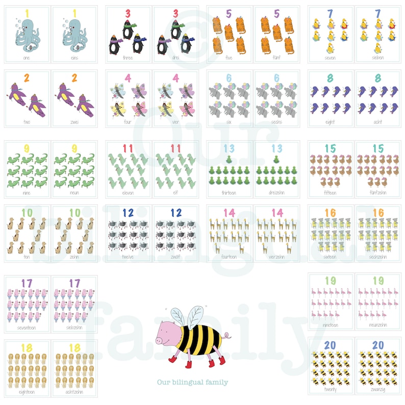 english german bilingual numbers flash cards 1 20