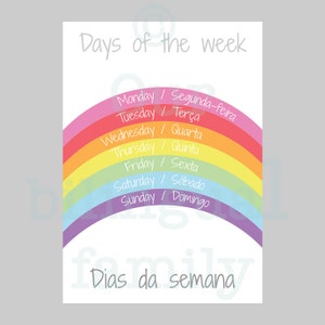 Cartel bilingüe "Días de la semana" en inglés portugués, arte de guardería, descarga digital, cartel infantil imprimible, arco iris, cartel educativo imagen 4