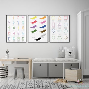 German Spanish Bilingual Language Posters Set of 3, Numbers 1-20, Colours and Shapes, Nursery Art, Digital Download, Printable Poster