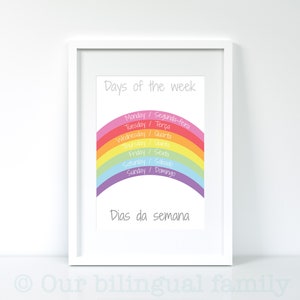 Cartel bilingüe "Días de la semana" en inglés portugués, arte de guardería, descarga digital, cartel infantil imprimible, arco iris, cartel educativo imagen 3