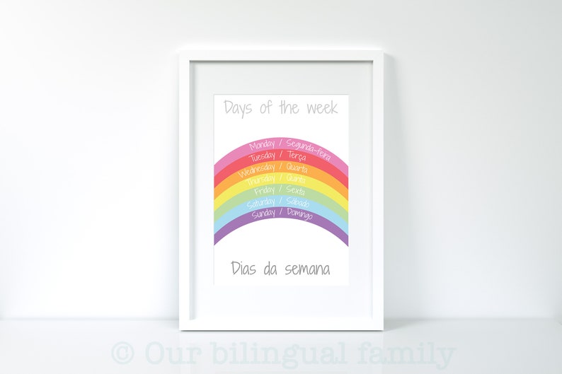 Cartel bilingüe "Días de la semana" en inglés portugués, arte de guardería, descarga digital, cartel infantil imprimible, arco iris, cartel educativo imagen 3