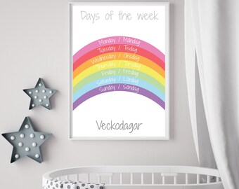 English Swedish Bilingual "Days of the week"  Poster ,Nursery Art, Digital Download,Printable Kids Poster, Rainbow, Educational Poster