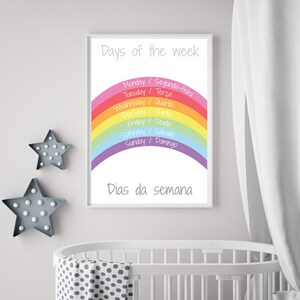 Cartel bilingüe "Días de la semana" en inglés portugués, arte de guardería, descarga digital, cartel infantil imprimible, arco iris, cartel educativo imagen 2