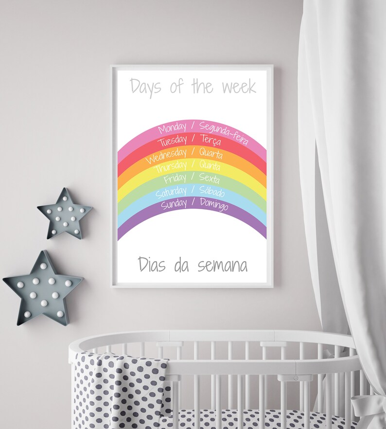 Cartel bilingüe "Días de la semana" en inglés portugués, arte de guardería, descarga digital, cartel infantil imprimible, arco iris, cartel educativo imagen 2