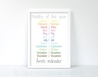 English Swedish Bilingual "Months of the year"  Poster ,Nursery Art, Digital Download,Printable Kids Poster, Educational Poster, Colourful