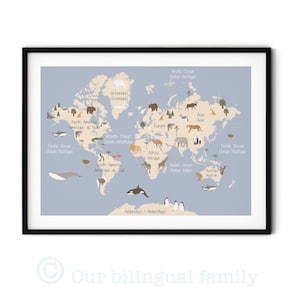English French Bilingual Animal World Map , Kids Language Poster, Digital Download,Printable Poster, Educational Poster, Playroom Decor
