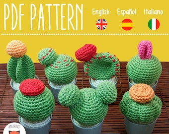 PDF crochet Cactus amigurumi pattern, one pattern for many cactus type, phototutorial in English, Español, Italiano