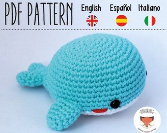 PDF crochet little whale amigurumi pattern. Whale plushie pattern. Phototutorial in English, español, italiano